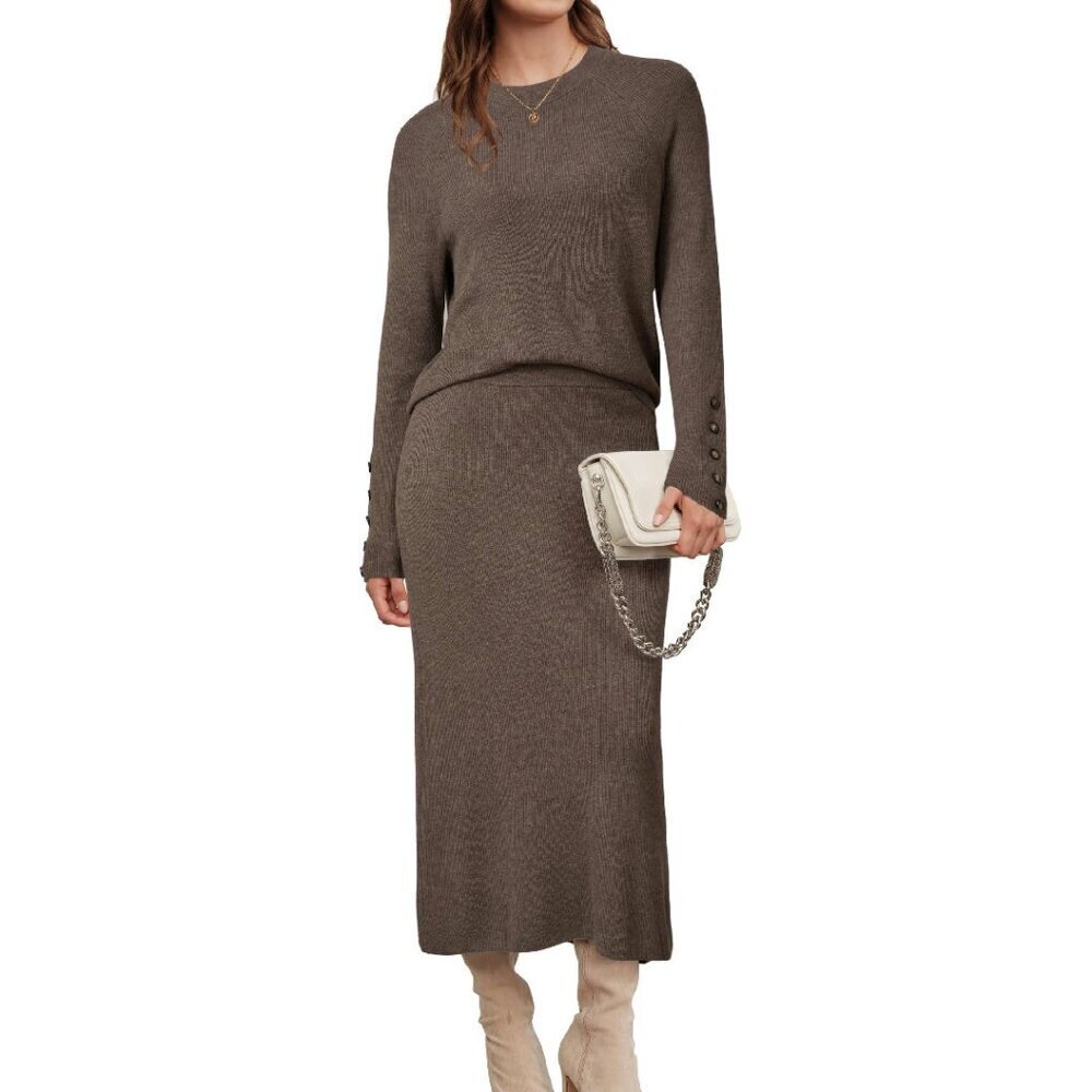 Wool Blend Sweater Set Long Sleeve Top Midi Skirt Business Casual Outfit